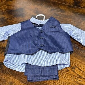Infant Boys Andrew Fezza blue and white dress pants shirt and vest outfit 12 mo